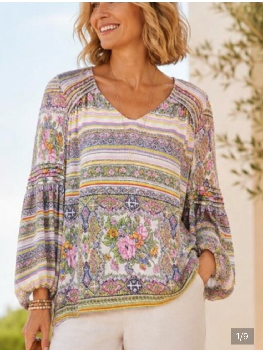 Maeve Floral Stripe V-Neck Boho Blouse in Purple, Green, Pink